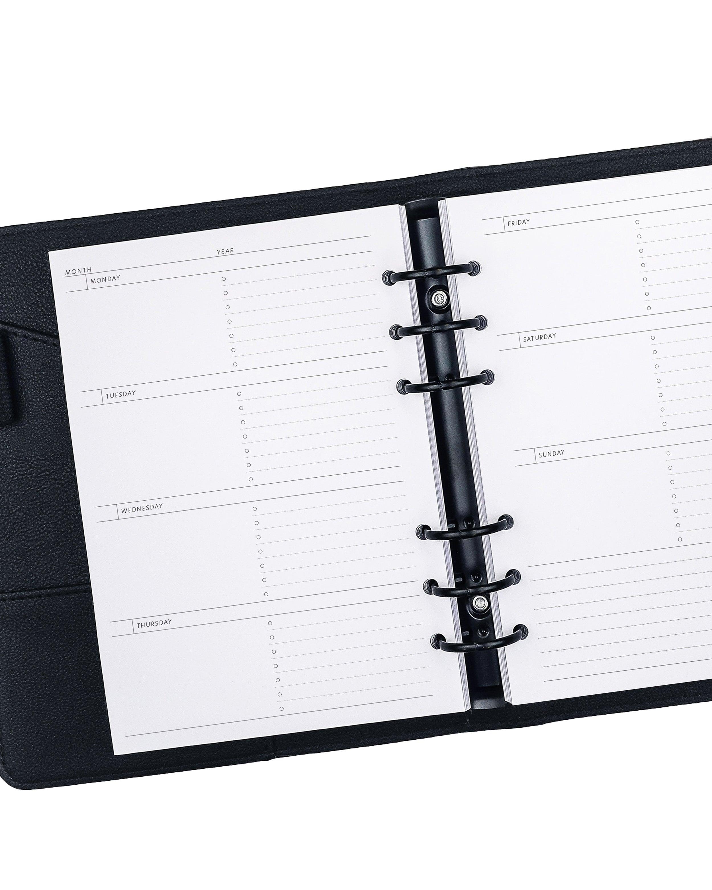 Weekly calendar planner inserts and refill pages for discbound and six ring planner systems by Janes Agenda.