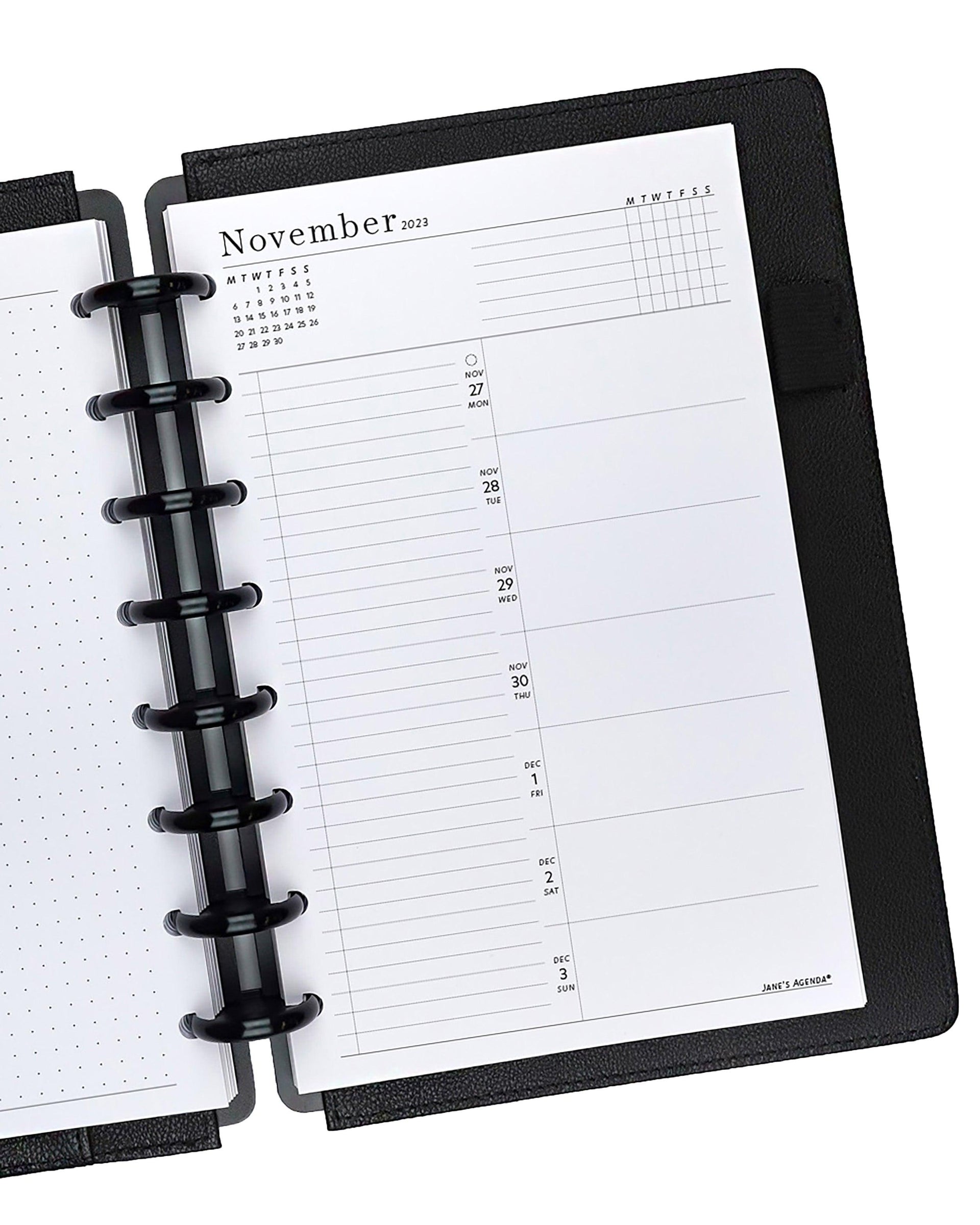 Weekly calendar pages and planner inserts for discbound and six ring planners by Janes Agenda.
