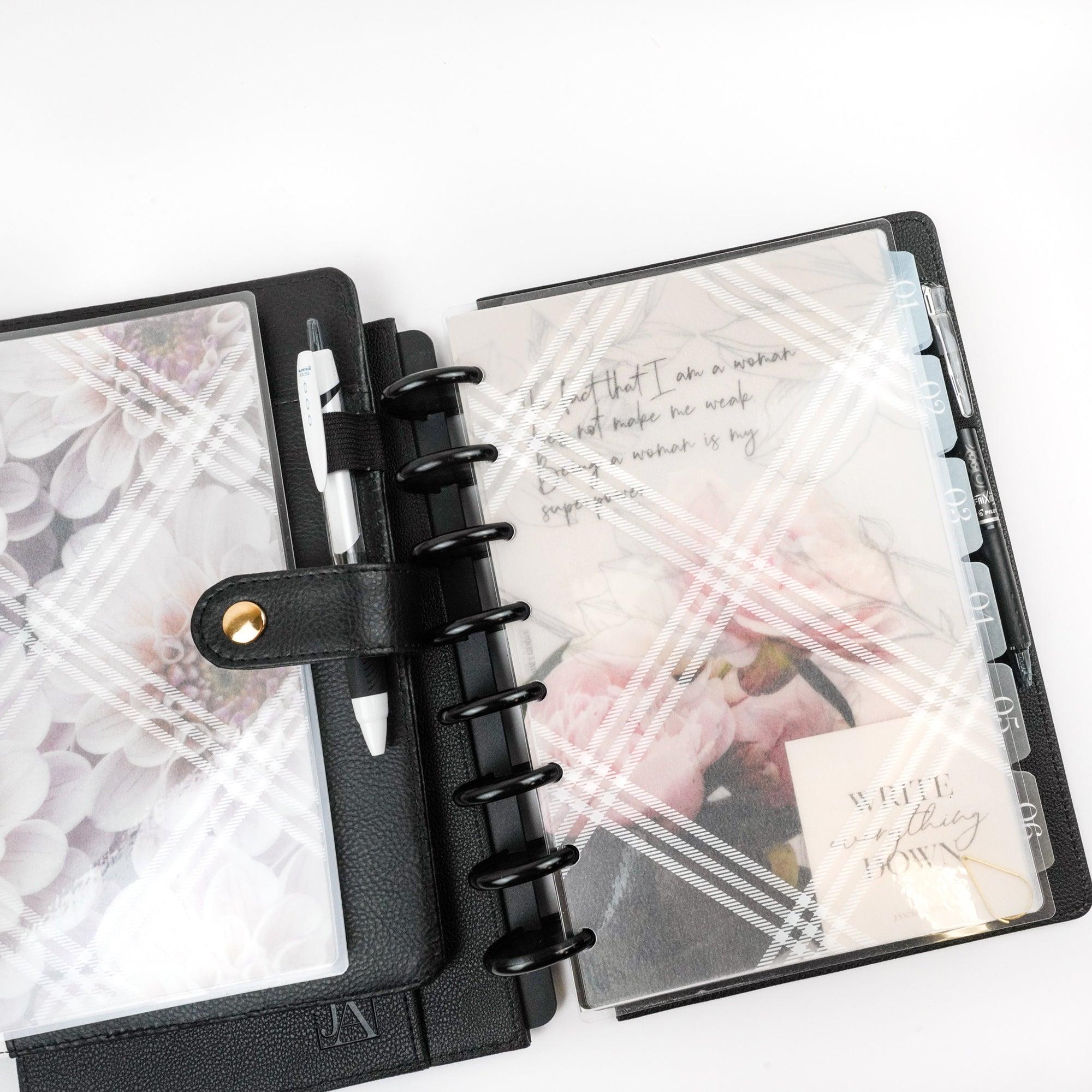 White ink vellum dashboard for disc-bound and six ring planner sizes and systems, designed by Jane's Agenda®.